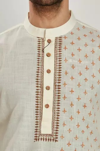 Off white hand block printed with embroidery  kurta viscos kurta payjama etnic wear / festive wear