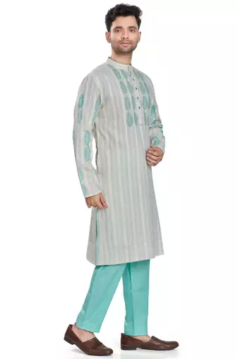 Grey hand block printed with embroidery kurta viscos kurta payjama etnic wear / festive wear