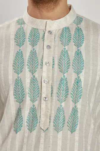 Grey hand block printed with embroidery kurta viscos kurta payjama etnic wear / festive wear