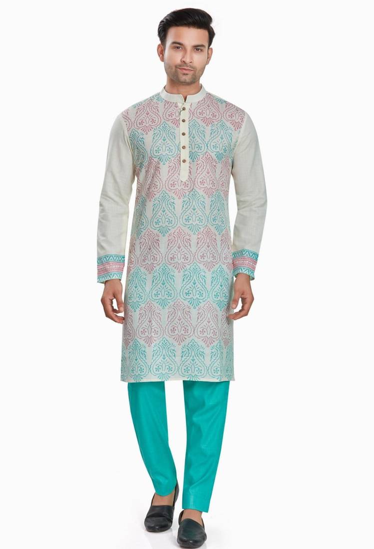 Off white hand block kurta viscos kurta payjama etnic wear / festive wear