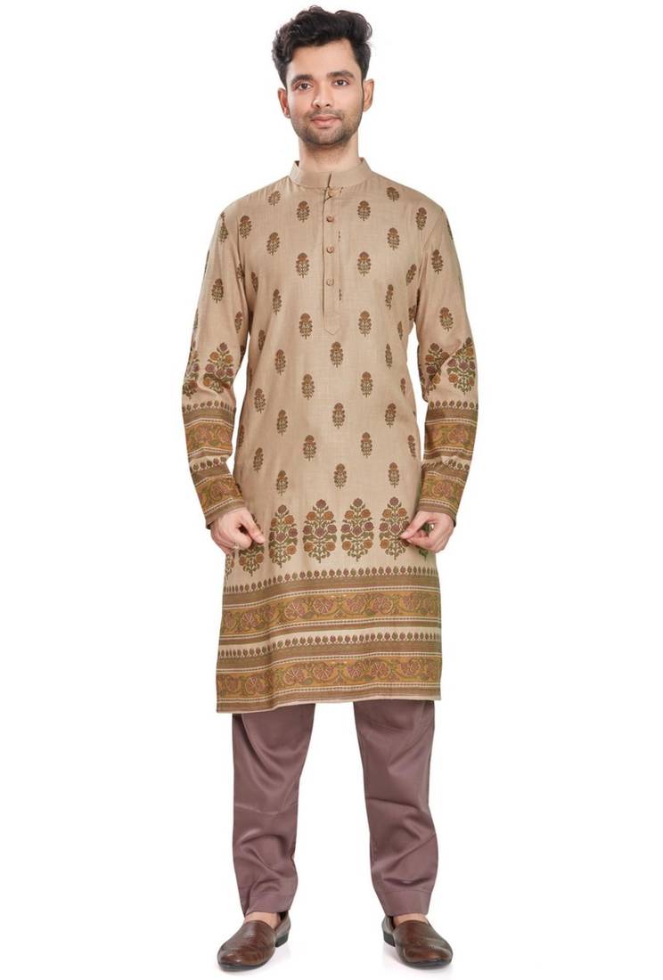 Beige hand block printed kurta viscos kurta payjama etnic wear / festive wear