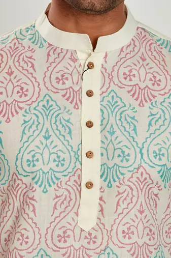Off white hand block kurta viscos kurta payjama etnic wear / festive wear