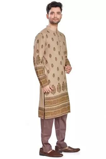 Beige hand block printed kurta viscos kurta payjama etnic wear / festive wear