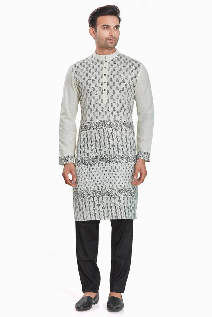 Off white hand block printed kutrta viscos kurta payjama etnic wear / festive wear
