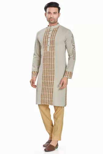 Khakhi hand block printed kurta with embroidery viscos kurta payjama etnic wear / festive wear