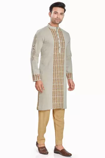 Khakhi hand block printed kurta with embroidery viscos kurta payjama etnic wear / festive wear