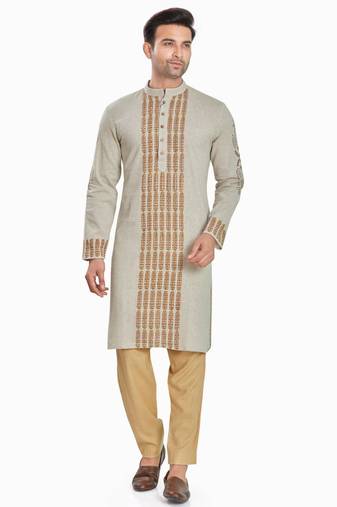 Khakhi hand block printed kurta with embroidery viscos kurta payjama etnic wear / festive wear