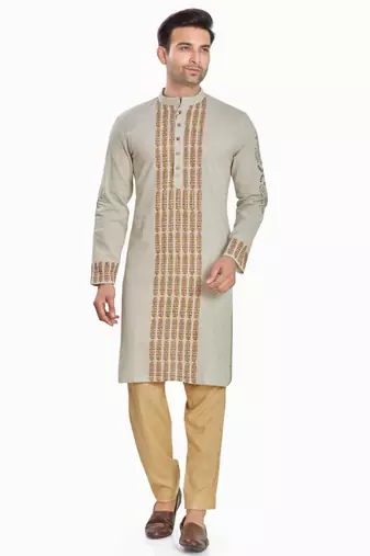 Khakhi hand block printed kurta with embroidery viscos kurta payjama etnic wear / festive wear