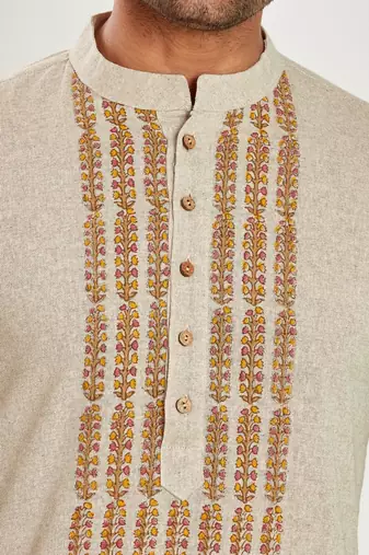 Khakhi hand block printed kurta with embroidery viscos kurta payjama etnic wear / festive wear