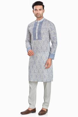 Grey hand block printed kurta with embroidery viscos kurta payjamaetnic wear / festive wear 3