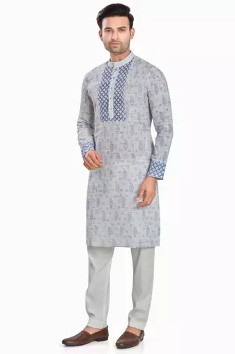 Grey hand block printed kurta with embroidery viscos kurta payjamaetnic wear / festive wear