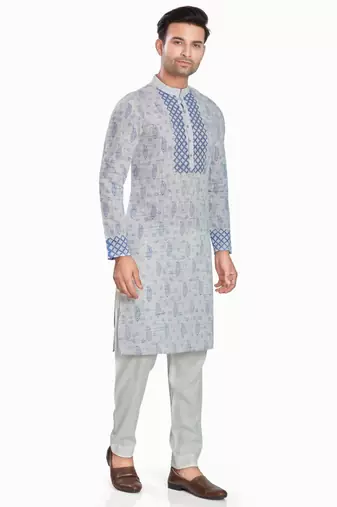 Grey hand block printed kurta with embroidery viscos kurta payjamaetnic wear / festive wear