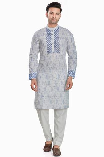Grey hand block printed kurta with embroidery viscos kurta payjamaetnic wear / festive wear