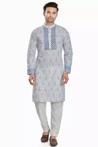 Grey hand block printed kurta with embroidery viscos kurta payjamaetnic wear / festive wear