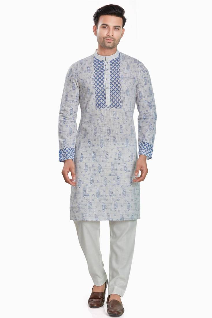 Grey hand block printed kurta with embroidery viscos kurta payjamaetnic wear / festive wear