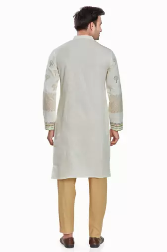 Off white hand block printed kutrta with embroidery viscos kurta payjama etnic wear / festive wear