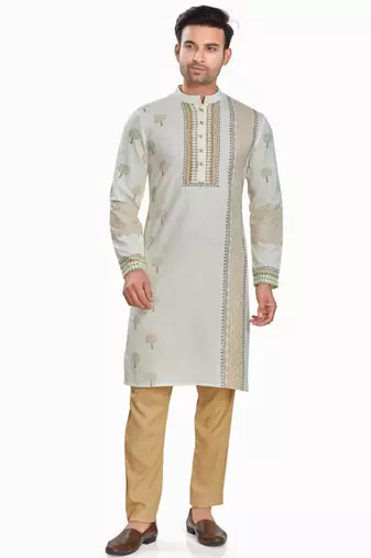 Off white hand block printed kutrta with embroidery viscos kurta payjama etnic wear / festive wear