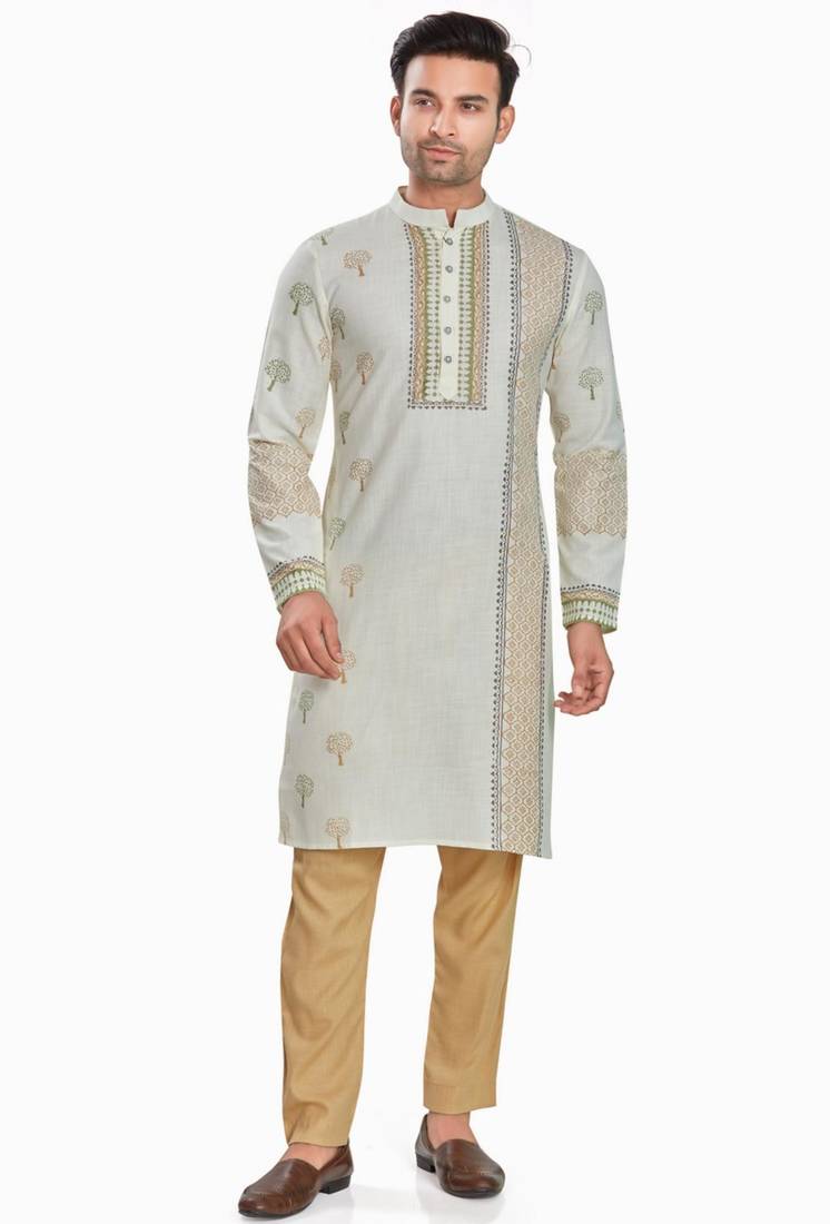 Off white hand block printed kutrta with embroidery viscos kurta payjama etnic wear / festive wear