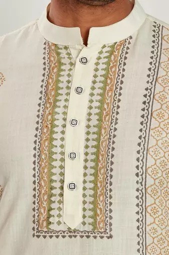 Off white hand block printed kutrta with embroidery viscos kurta payjama etnic wear / festive wear