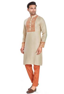 Cream color hand block printed kutrta with embroidery viscos kurta payjama etnic wear / festive wear 3