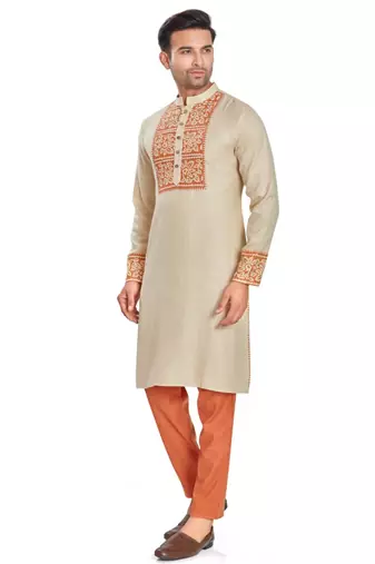 Cream color hand block printed kutrta with embroidery viscos kurta payjama etnic wear / festive wear