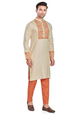 Cream color hand block printed kutrta with embroidery viscos kurta payjama etnic wear / festive wear 4