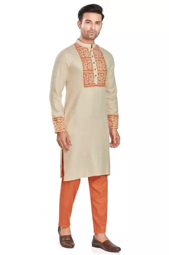 Cream color hand block printed kutrta with embroidery viscos kurta payjama etnic wear / festive wear