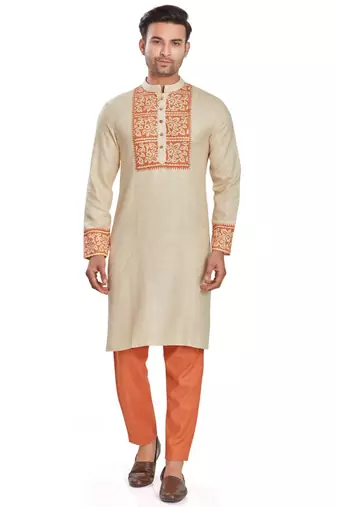 Cream color hand block printed kutrta with embroidery viscos kurta payjama etnic wear / festive wear