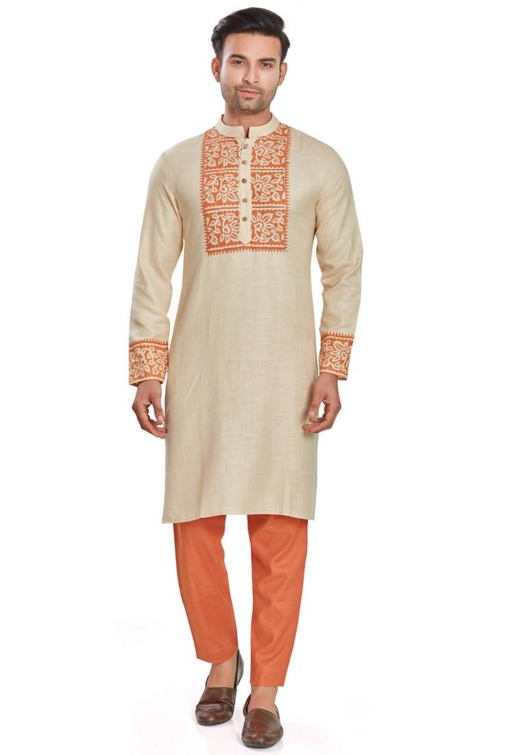 Cream color hand block printed kutrta with embroidery viscos kurta payjama etnic wear / festive wear