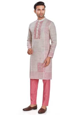 Pink hand block printed kurta with embroidery viscos kurta payjama etnic wear / festive wear 3