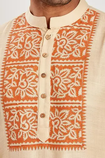 Cream color hand block printed kutrta with embroidery viscos kurta payjama etnic wear / festive wear
