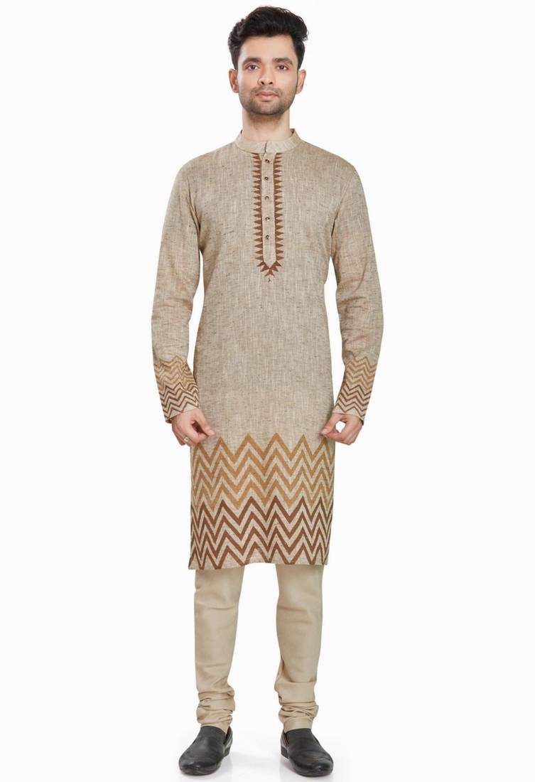 Beige hand block printed kurta with embreoidery viscos kurta payjama etnic wear / festive wear