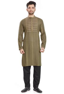 Olive green hand block printed kurta with embroidery viscos kurta payjama etnic wear / festive wear 1
