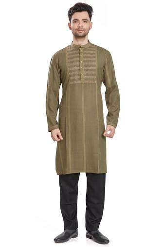 Olive green hand block printed kurta with embroidery viscos kurta payjama etnic wear / festive wear