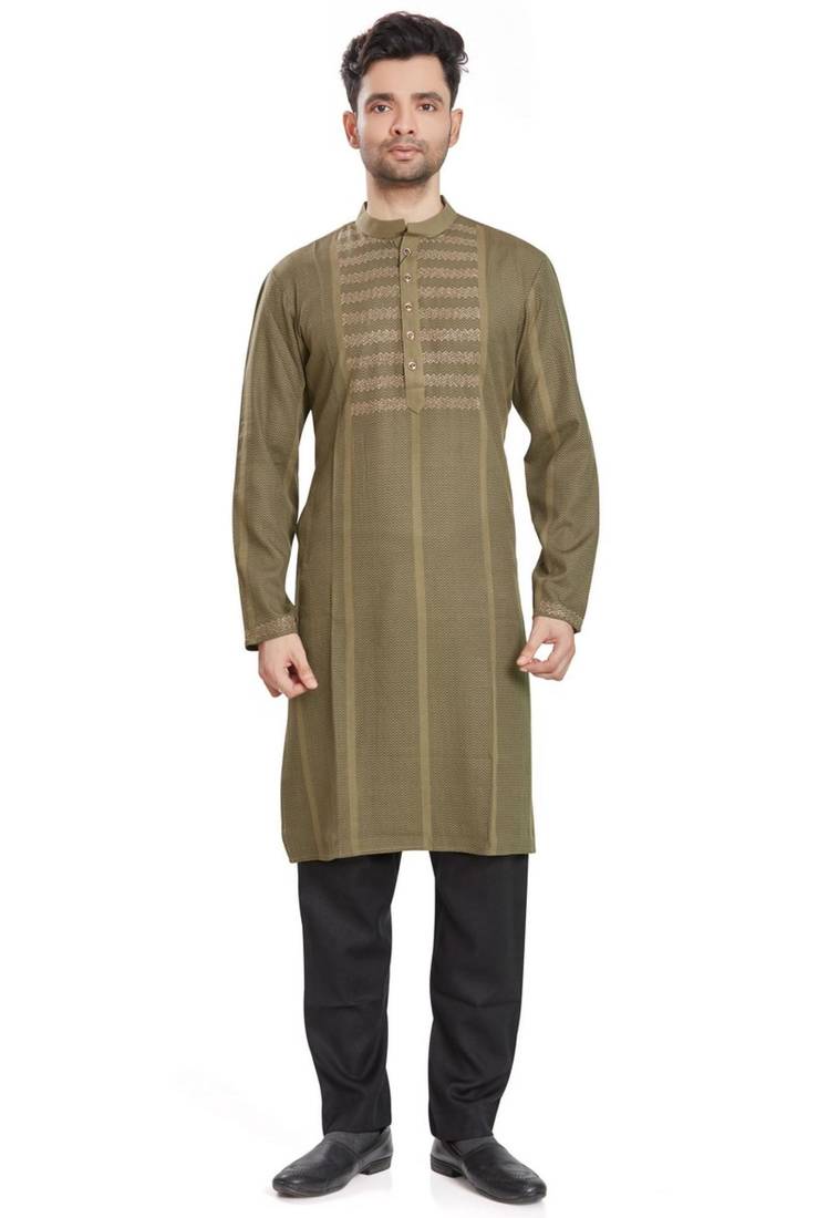Olive green hand block printed kurta with embroidery viscos kurta payjama etnic wear / festive wear