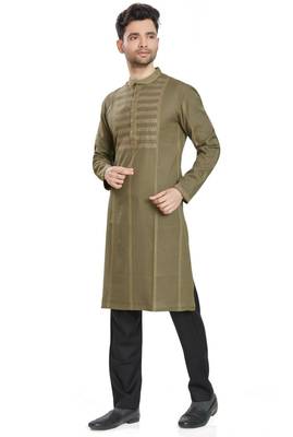 Olive green hand block printed kurta with embroidery viscos kurta payjama etnic wear / festive wear 4