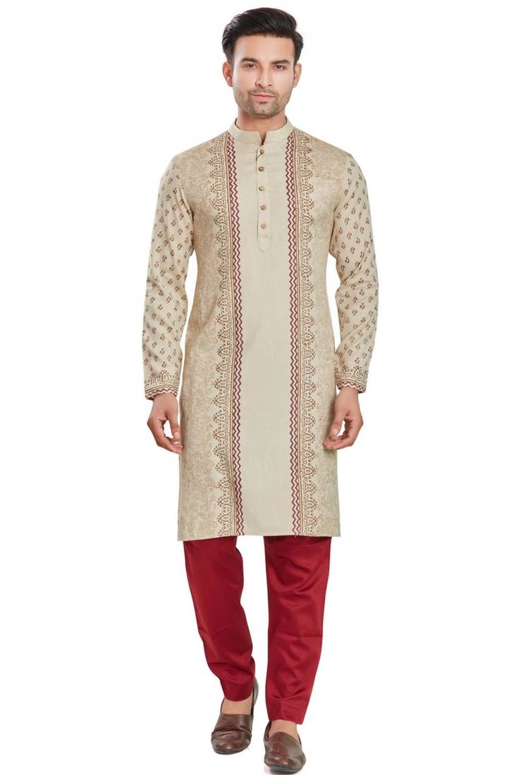 Beige hand block printed kurta viscos kurta payjama etnic wear / festive wear