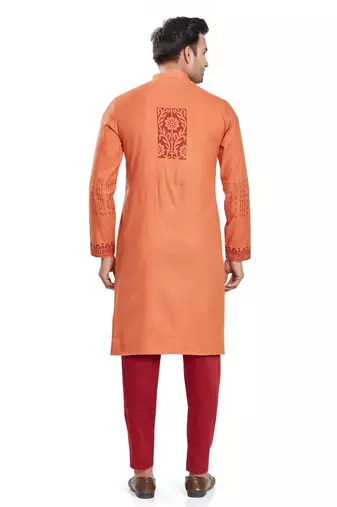 Orange hand block printed kurta with embroidery viscos kurta payjama ethnic wear / festive wear