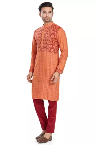 Orange hand block printed kurta with embroidery viscos kurta payjama ethnic wear / festive wear