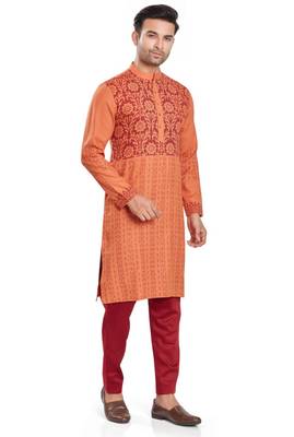 Orange hand block printed kurta with embroidery viscos kurta payjama ethnic wear / festive wear 4