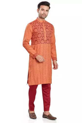 Orange hand block printed kurta with embroidery viscos kurta payjama ethnic wear / festive wear