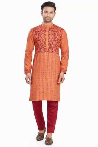 Orange hand block printed kurta with embroidery viscos kurta payjama ethnic wear / festive wear