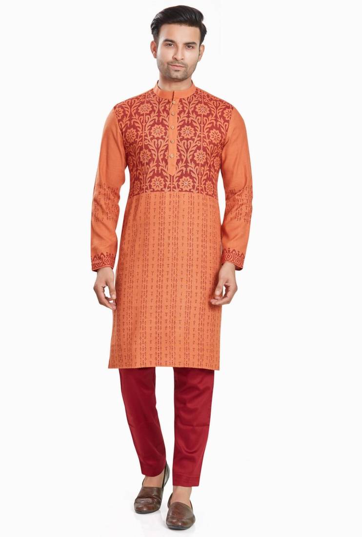 Orange hand block printed kurta with embroidery viscos kurta payjama ethnic wear / festive wear