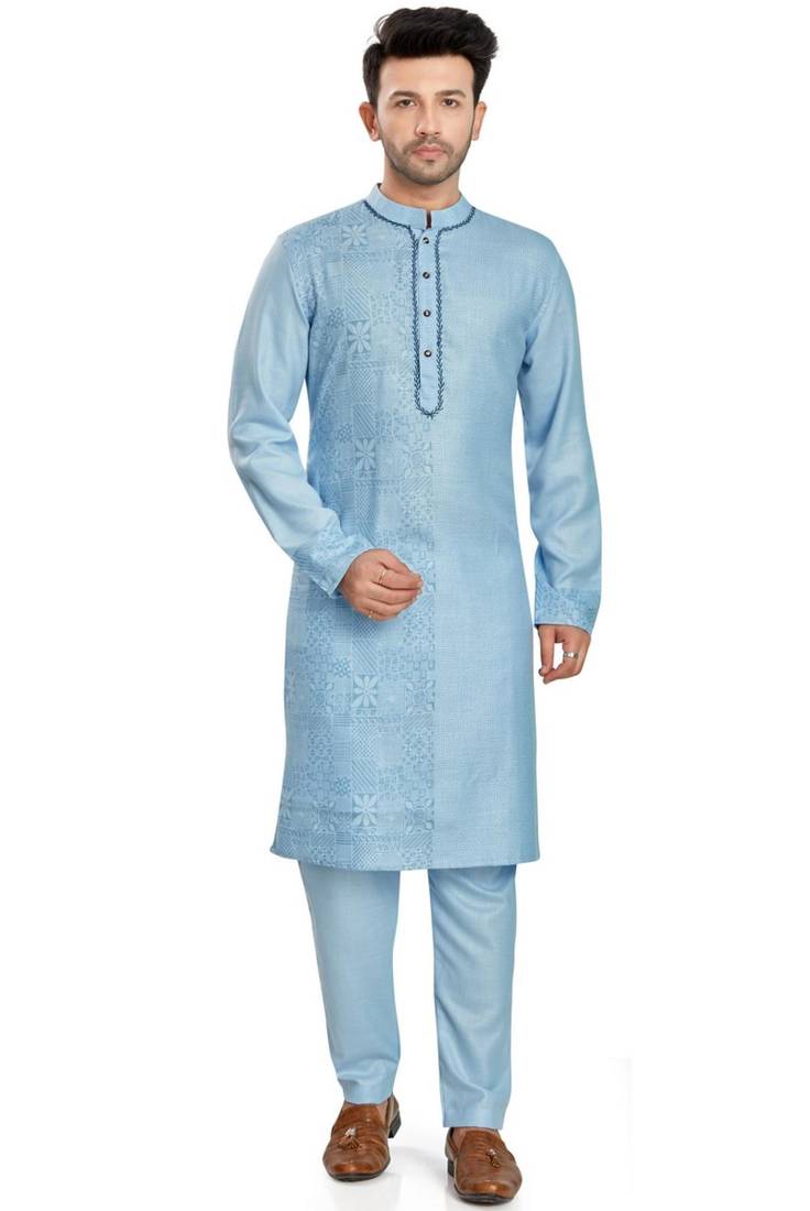 Blue hand block printed kurta with embroidery viscos kurta payjama etnic wear / festive wear