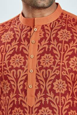 Orange hand block printed kurta with embroidery viscos kurta payjama ethnic wear / festive wear 5