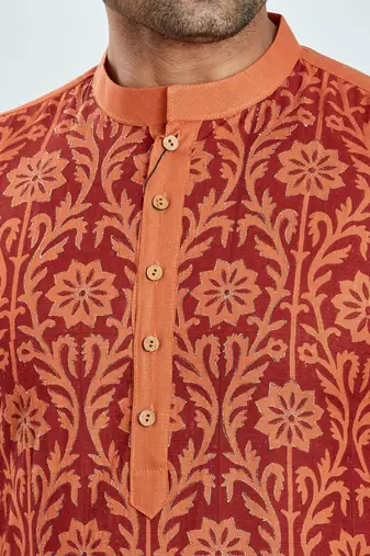 Orange hand block printed kurta with embroidery viscos kurta payjama ethnic wear / festive wear