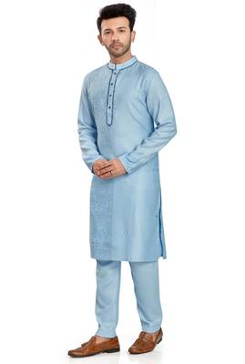 Blue hand block printed kurta with embroidery viscos kurta payjama etnic wear / festive wear 3