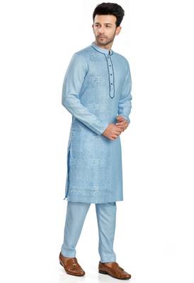 Blue hand block printed kurta with embroidery viscos kurta payjama etnic wear / festive wear 4