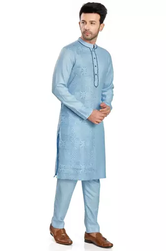 Blue hand block printed kurta with embroidery viscos kurta payjama etnic wear / festive wear
