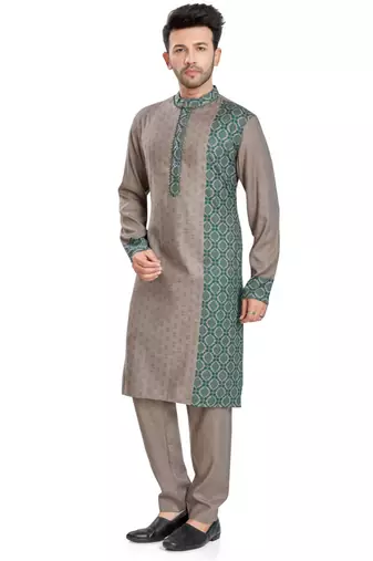 Khakhi hand block printed kurta with embroidery viscos kurta payjama etnic wear / festive wear